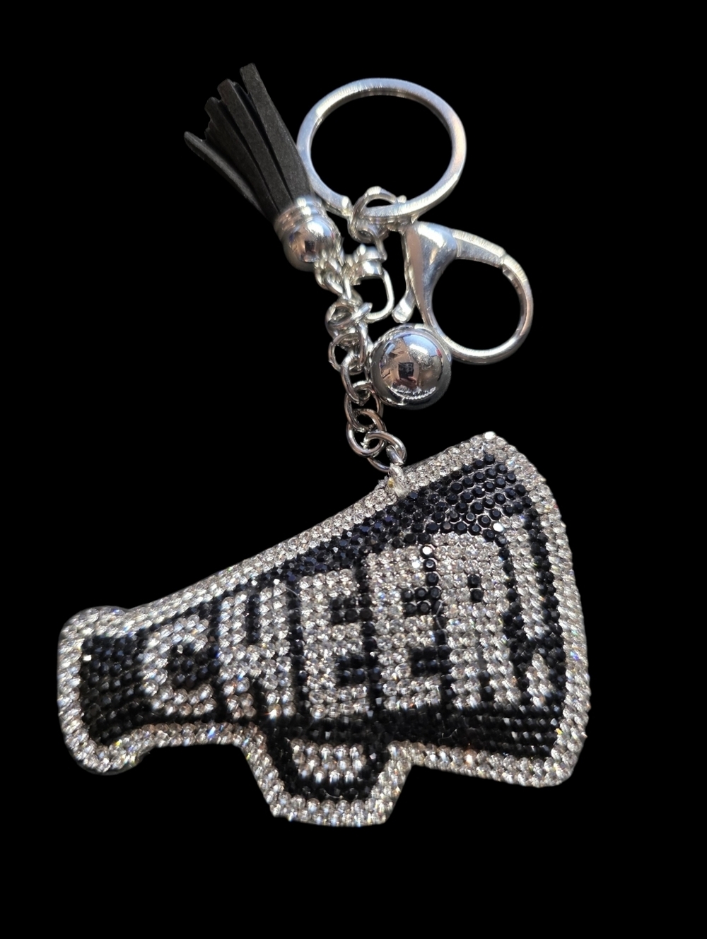 Black Rhinestone 'CHEER' Megaphone Keychain with Red Tassel